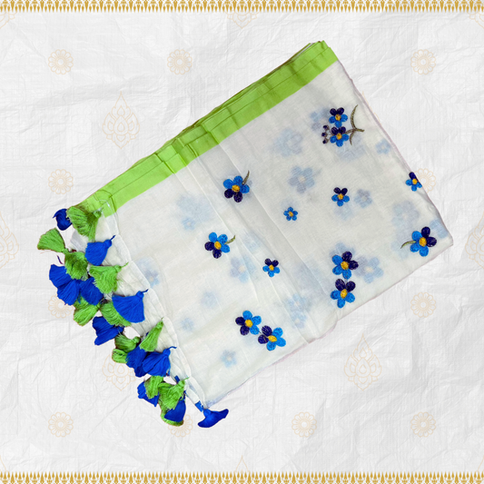White Mul Cotton Saree with Blue and Violet Flower Design with Blue and Green Tassels
