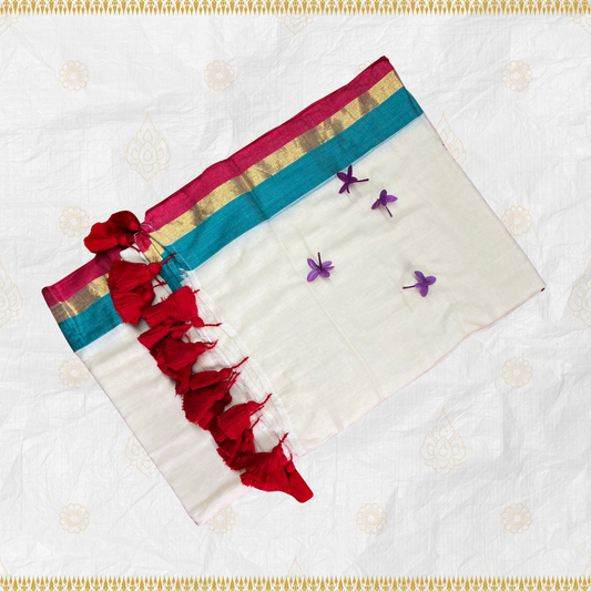 Ivory White Mul Cotton Saree with Red and Green Border with Gold Jari Design and Red Tassels