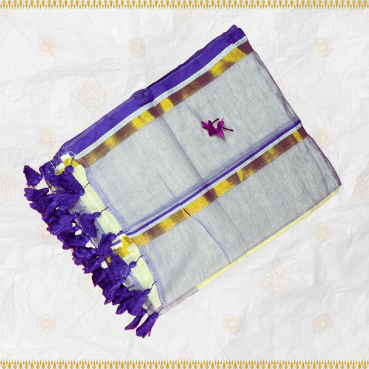 Ivory White Mul Cotton Saree with Lilac and Gold Stripes with Lilac Tassels