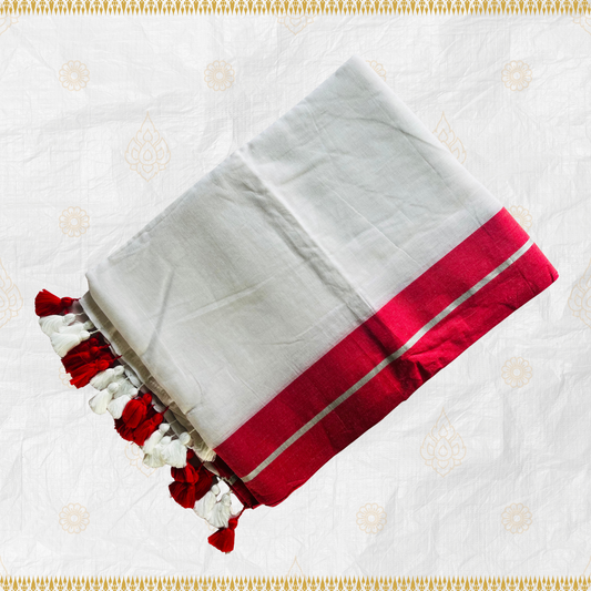 White Mul Cotton Saree with Red and Silver Jari Border Design with Red & White Tassels