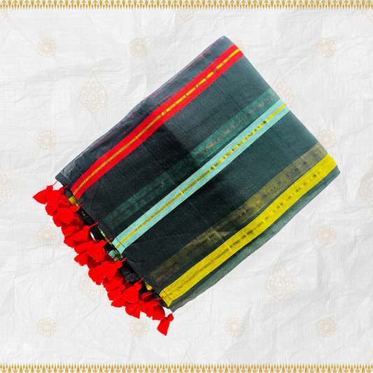 Black Mul Cotton Saree with Red, Blue & Yellow Lines, Red Tassels