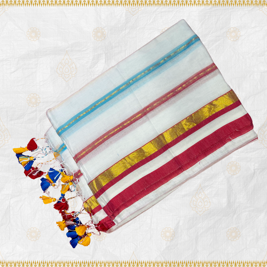 White Mul Cotton Saree with Red and Blue Stripes with Gold Jari Design with Blue, Red and Yellow Tassels