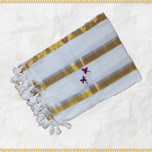 Ivory White Mul Cotton Saree with Gold and Sliver Jari Stripes Design with White Tassels