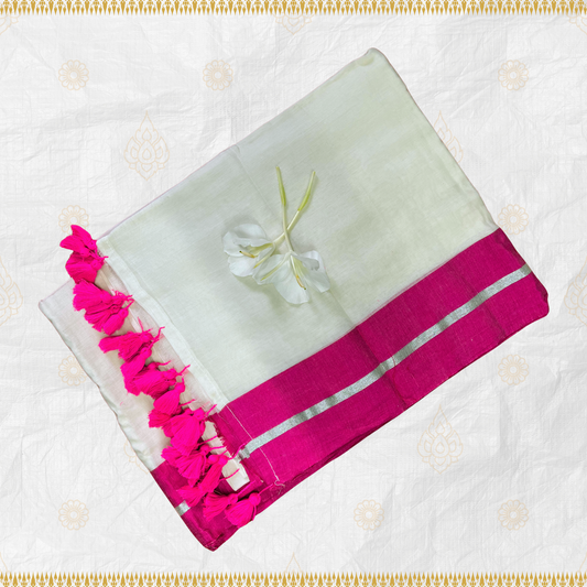 White Mul Cotton Saree with Pink and Silver Jari Border Design with Pink Tassels