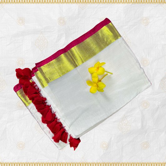 Ivory White Mul Cotton Saree with Gold Jari and Red Border Design with Red Tassels