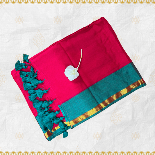 Dark Pink Mul Cotton Saree with Green Border Gold Jari Design with Green Tassels