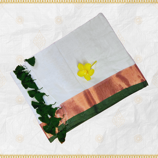 Ivory White Mul Cotton Saree with Green and Copper Jari Border Design with Green Tassels