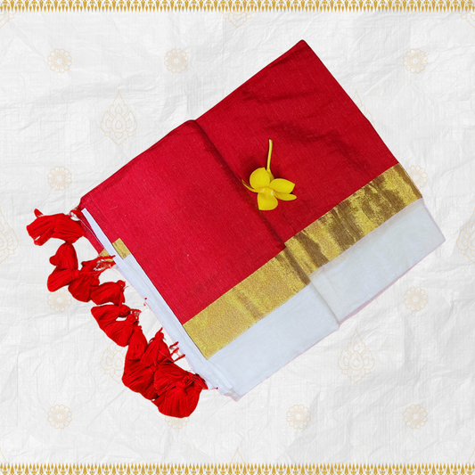 White Mul Cotton Saree with Gold Jari and Wide Red Border Design with Red Tassels