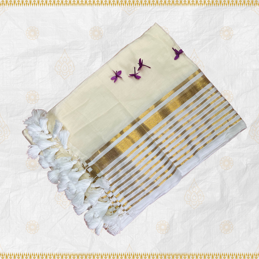 White Mul Cotton Saree with Silver and Gold Jari Stripes Design with White Tassels