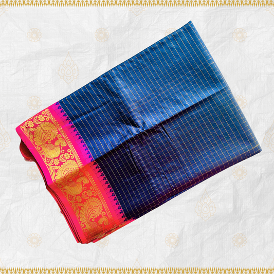 Rashmika Inspired - Dark Blue Semi Silk Saree with Magenta Border and Peacock Motif