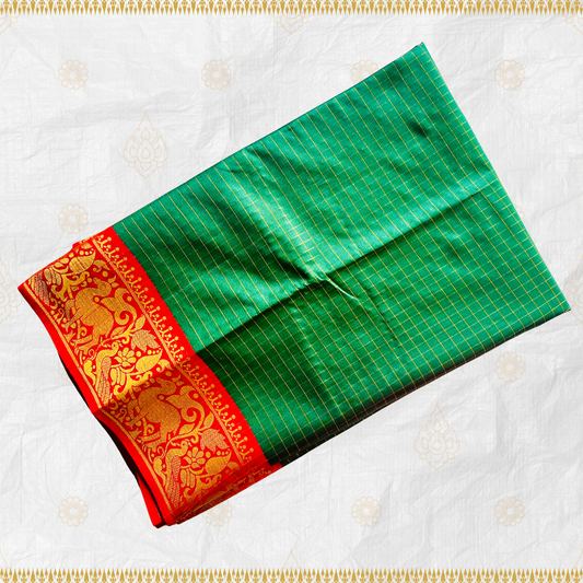 Rashmika Inspired - Dark Green Semi Silk Saree with Red Border & Deer Motif Design