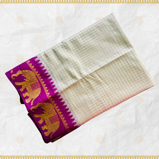 Madurai Pattu - Cream Semi Silk Saree with Magenta Border and Elephant Motif Design