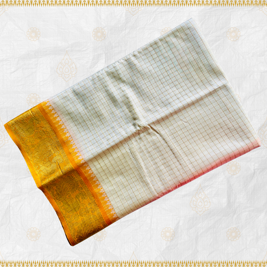 Madurai Pattu - Cream Madurai Silk Saree with Golden Yellow Border and Peacock Motif Design