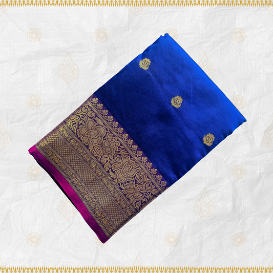 Vivid Blue Soft Silk Saree with Floral Gold Jari & Magenta Pallu
