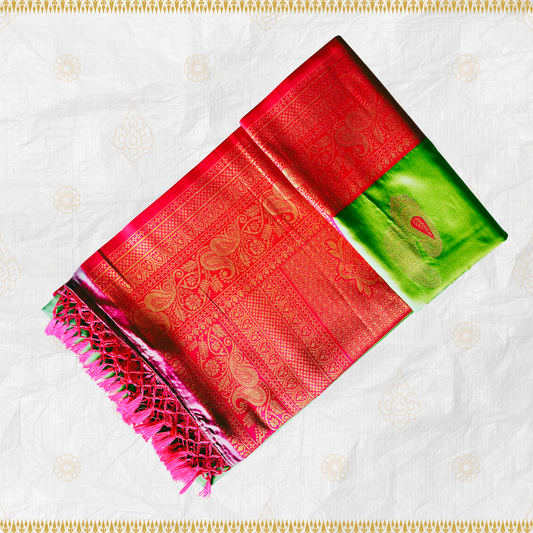 Parrot Green Silk Saree with Vivid Pink Border and Heavy Pallu Weave Design