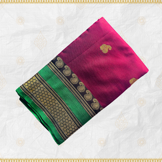 Maroon Soft Silk Saree with Green & Gold Floral Jari Border