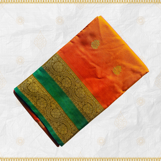 Bright Orange Soft Silk Saree with Green & Gold Jari Border