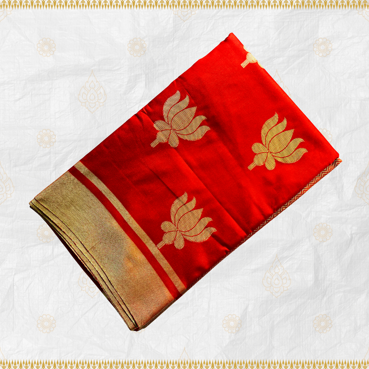 Bright Red Soft Silk Saree with Gold Lotus Motif Jari & Intricate Jig Zag Pallu Design