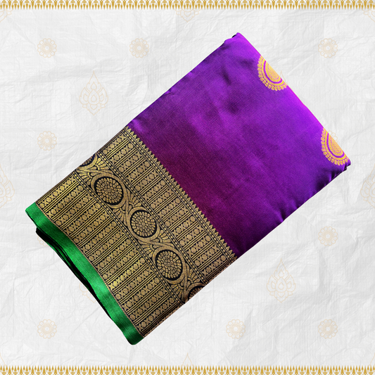 Vivid Violet Soft Silk Saree with Gold Floral Jari & Green Pallu