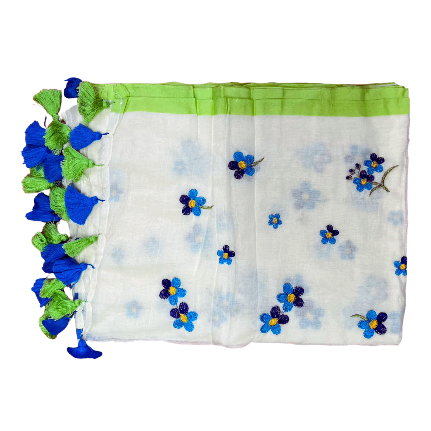 White Mul Cotton Saree with Blue and Violet Flower Design with Blue and Green Tassels