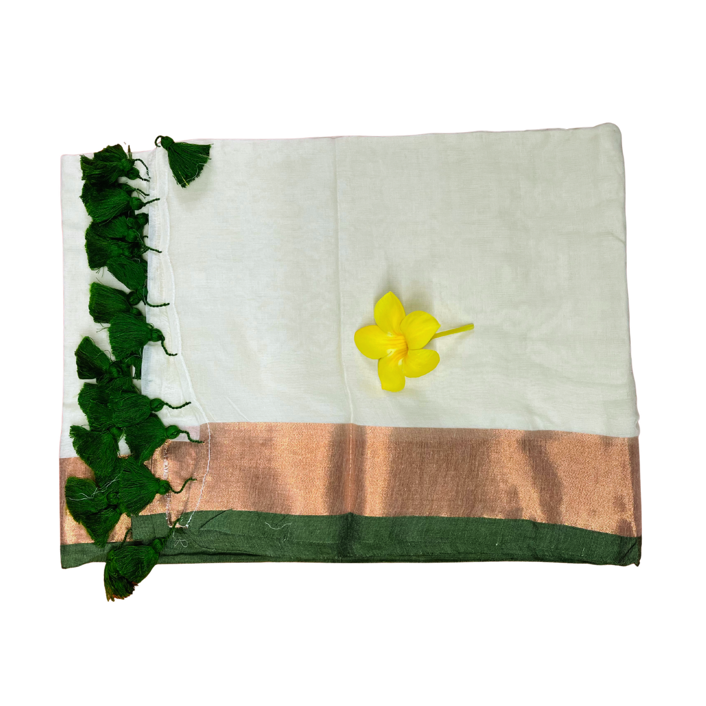 Ivory White Mul Cotton Saree with Green and Copper Jari Border Design with Green Tassels