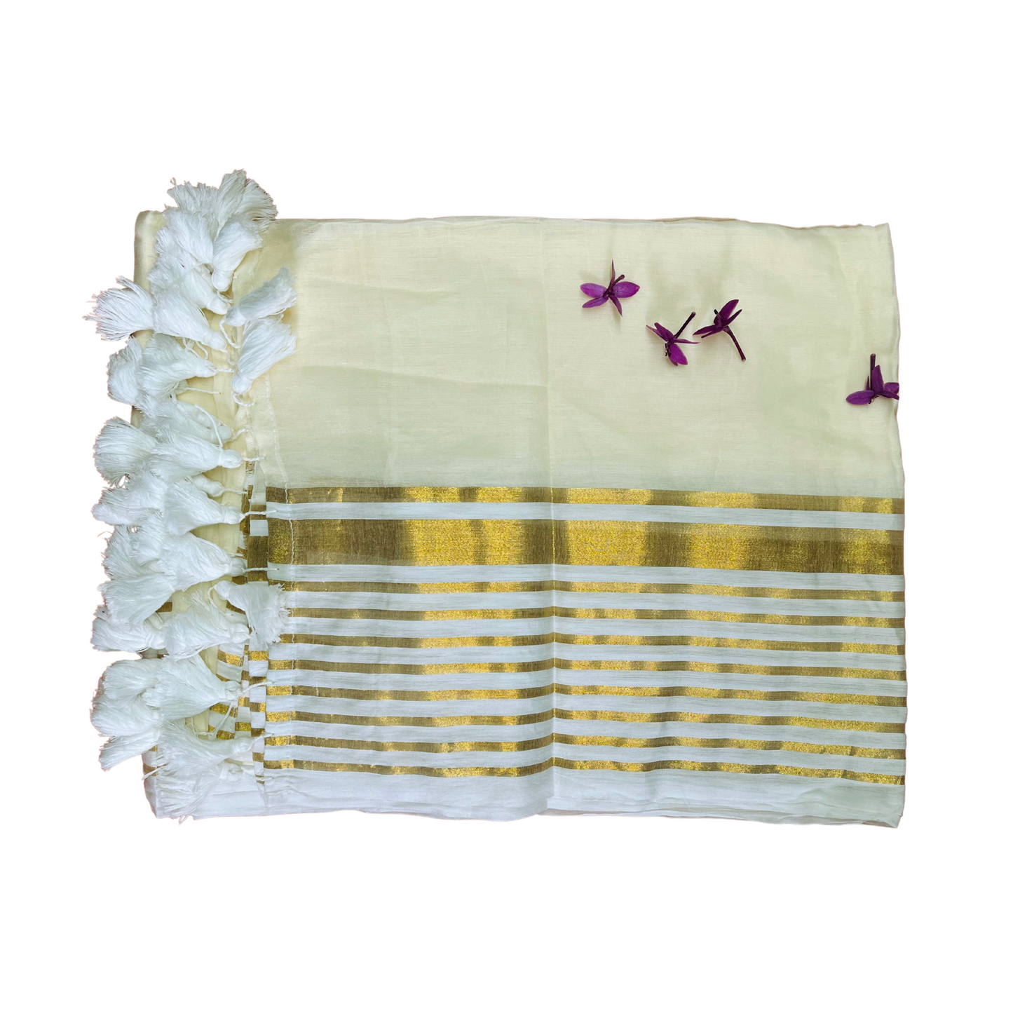 White Mul Cotton Saree with Silver and Gold Jari Stripes Design with White Tassels