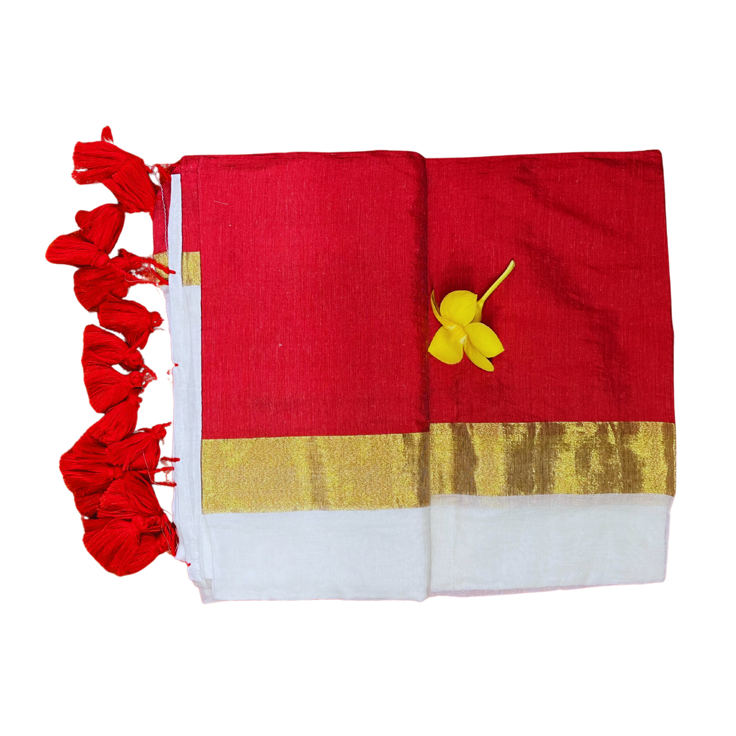 White Mul Cotton Saree with Gold Jari and Wide Red Border Design with Red Tassels