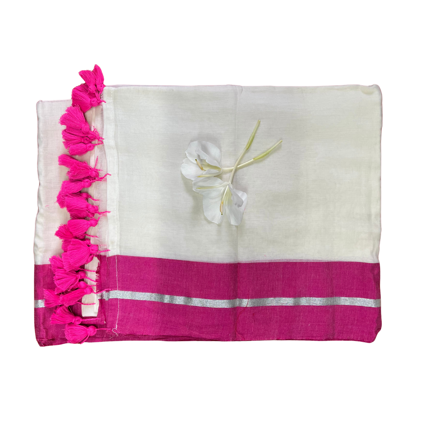 White Mul Cotton Saree with Pink and Silver Jari Border Design with Pink Tassels