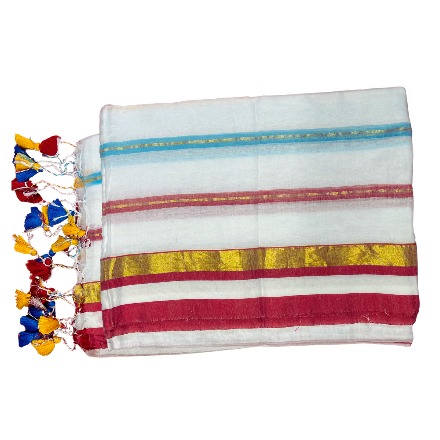 White Mul Cotton Saree with Red and Blue Stripes with Gold Jari Design with Blue, Red and Yellow Tassels