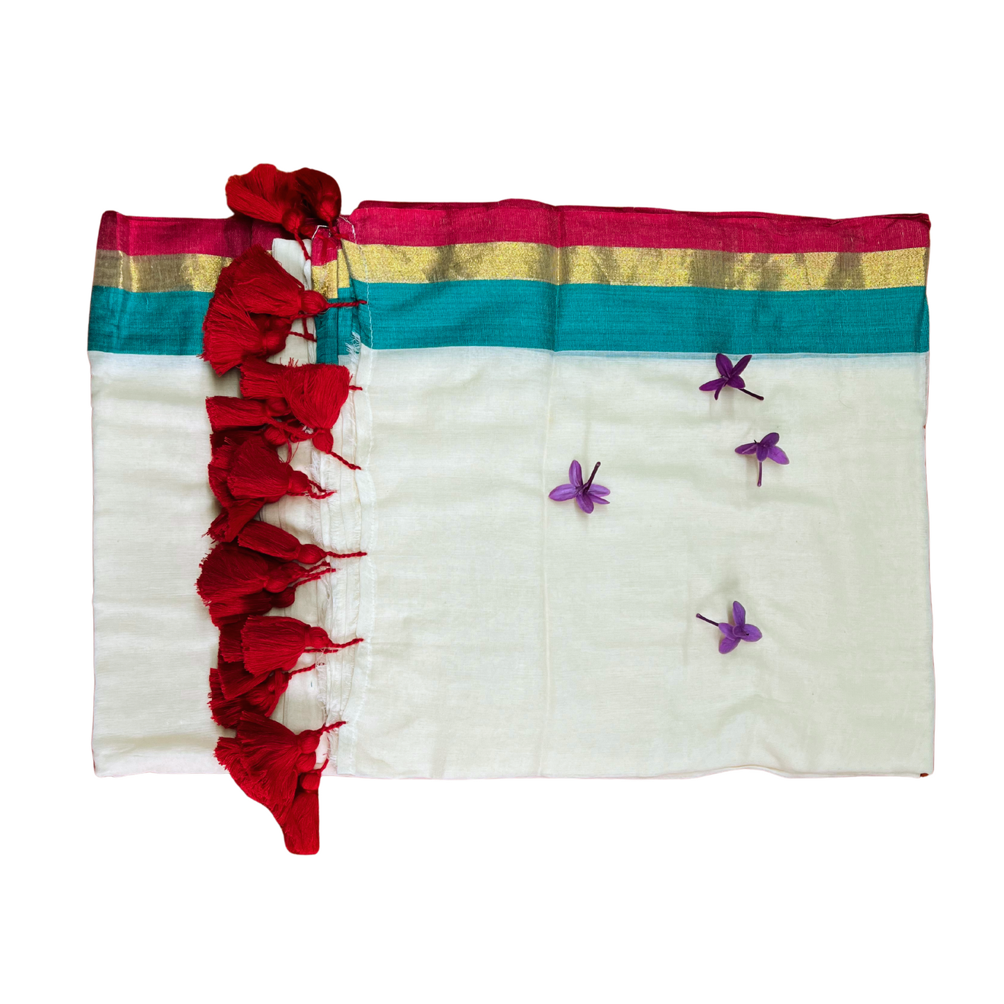 Ivory White Mul Cotton Saree with Red and Green Border with Gold Jari Design and Red Tassels