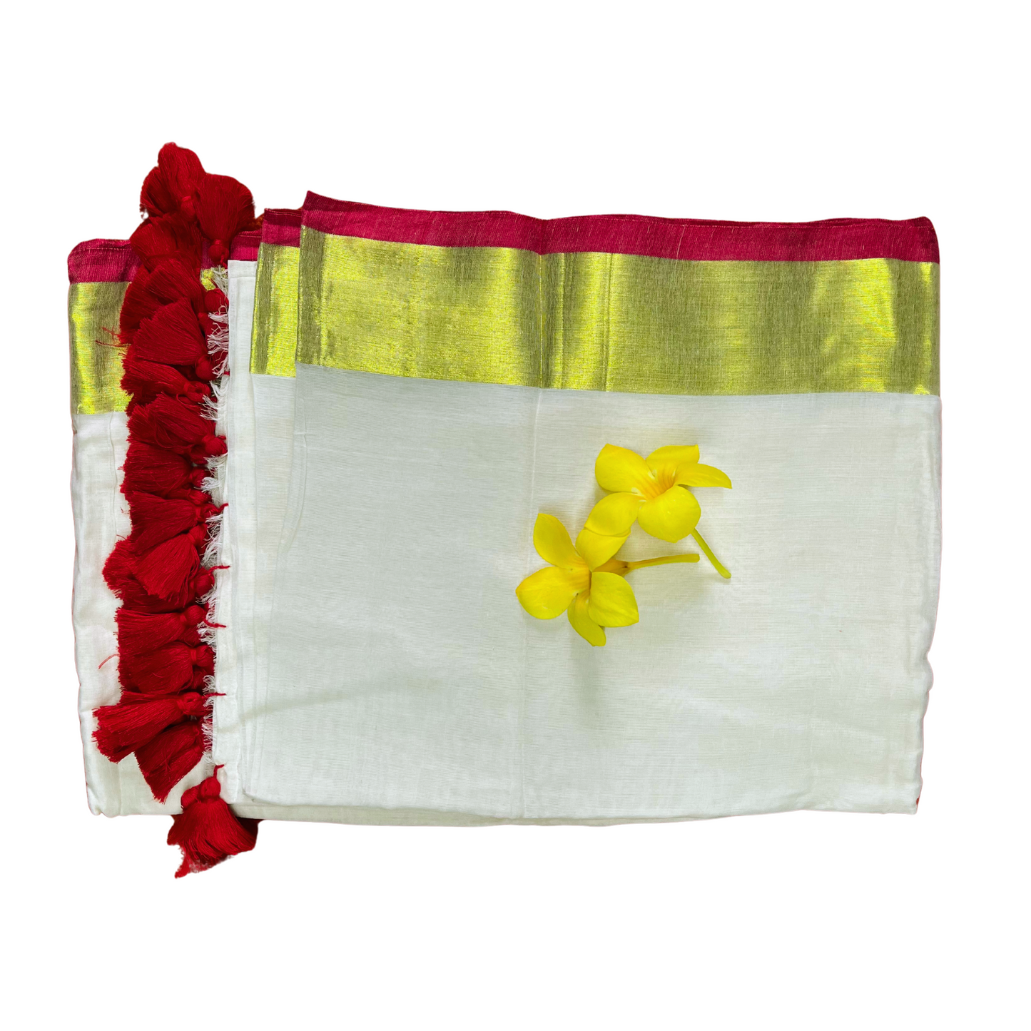 Ivory White Mul Cotton Saree with Gold Jari and Red Border Design with Red Tassels
